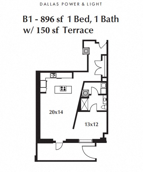 Floor plan for 1 bed, 1 bath, 896 sqft